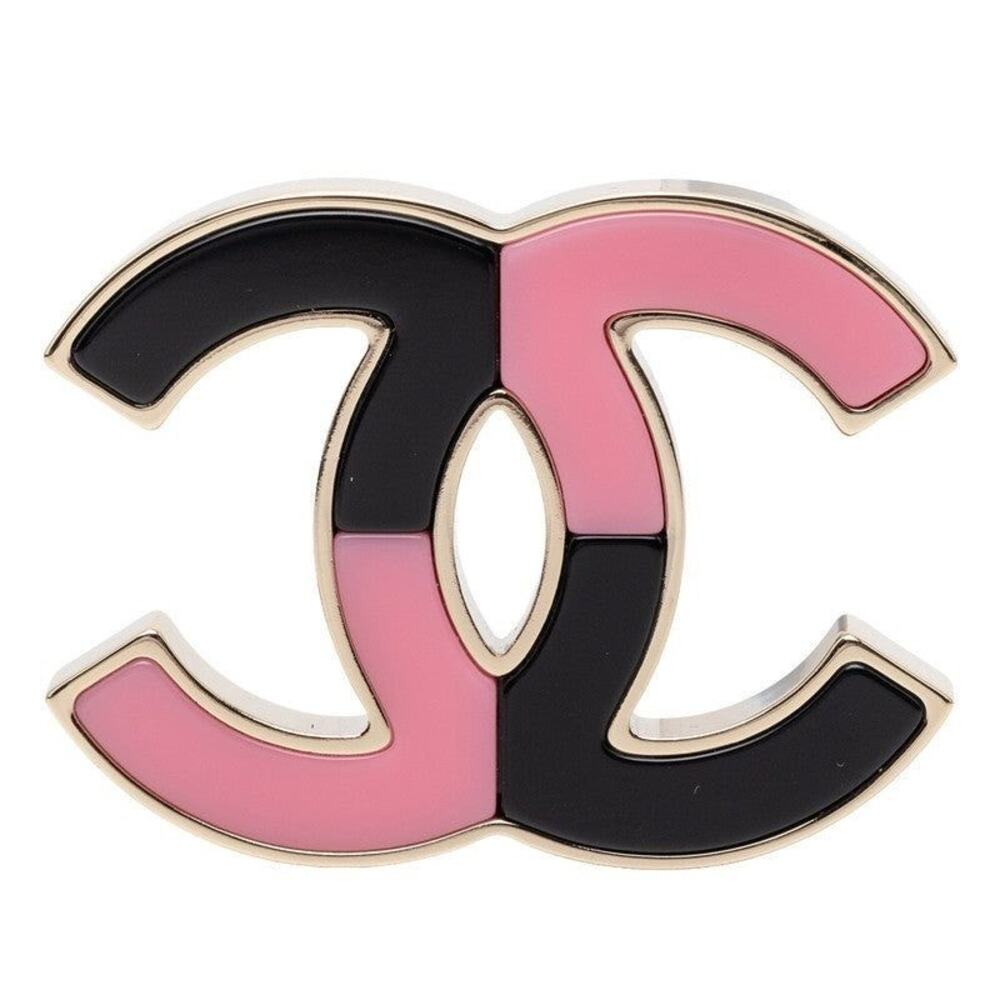 Chanel CC Logo Bicolor Brooch Gold Pink Black Plated